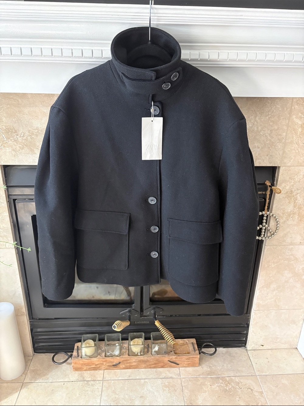 Zara Black High-Neck Boxy Pea Coat